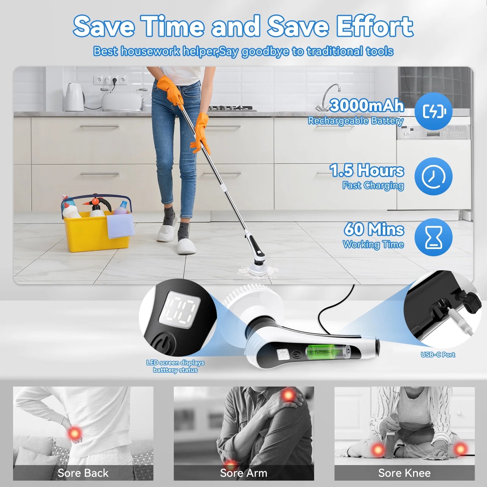 Electric Spin Scrubber with Extension Handle and 6 Replaceable Brush Heads C879