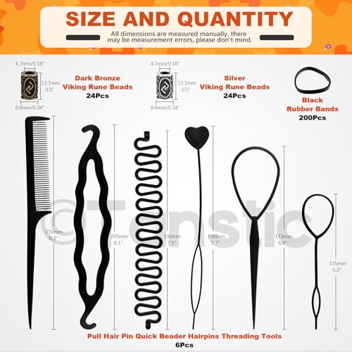 300Pcs Viking Rune Beads Hair Beard Beads Set including 5Pcs Black Pull Hairpin Quick Beader Hairpins and 200Pcs Black Rubber Bands with a Bag U339
