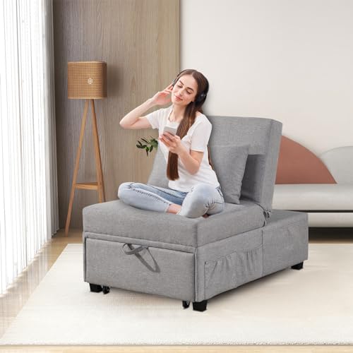 4 in 1 Convertible Linen Fabric Sleeper Chair Bed Ottoman with Adjustable Backrest & Pillow S54756
