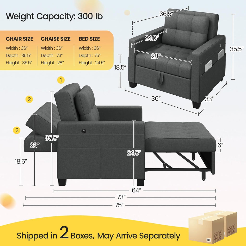 Dark Gray Fabric Convertible Futon Sofa Chair T527300
