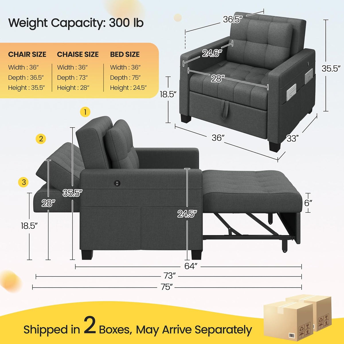 Dark Gray Fabric Convertible Futon Sofa Chair T527300
