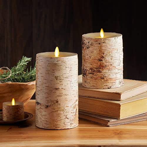 Flameless Candle Pillar with Real Birch Bark Moving Flame LED Battery Operated Lights Unscented (3.5 x 4.5-inch) U830