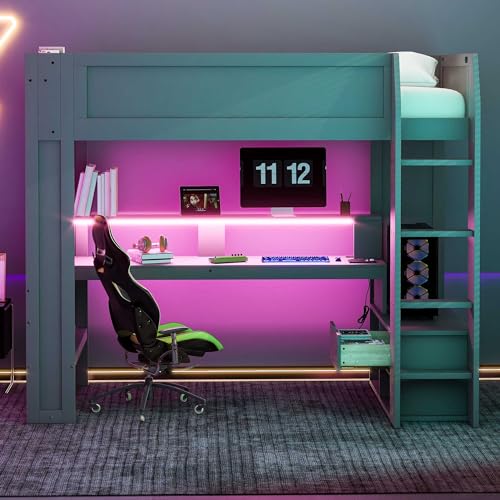 Dark Gray Wood Twin Size Gaming Loft Bed with Desk and Shelves H44301