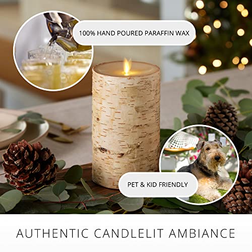 Flameless Candle Pillar with Real Birch Bark Moving Flame LED Battery Operated Lights Unscented (3.5 x 4.5-inch) U830