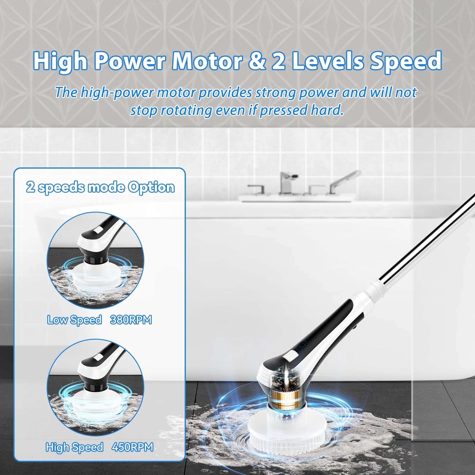 Electric Spin Scrubber with Extension Handle and 6 Replaceable Brush Heads C879