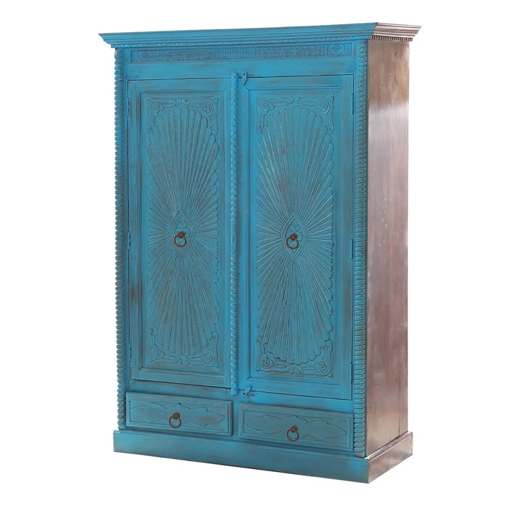 Turquoise Hand Carved Solid Wood 2 Drawer Armoire D853