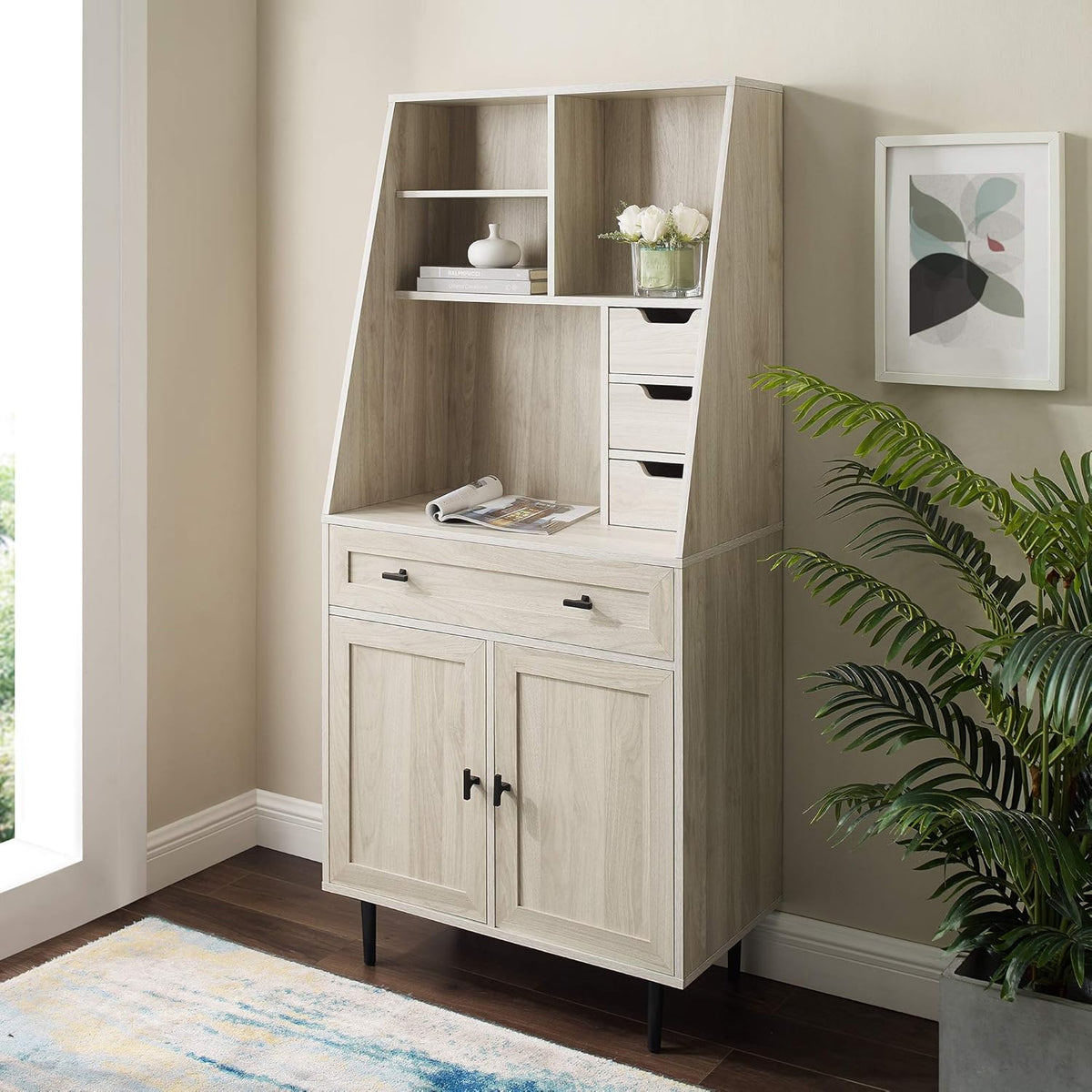 Birch Secretary Hutch Wood Desk with Keyboard Drawer Bookshelf Storage Cabinet R477