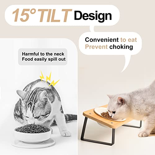 Ceramic Cat Bowl with Stand 15° Tilted Raised Cat Bowl Bamboo Cat Feeding Station Z2630
