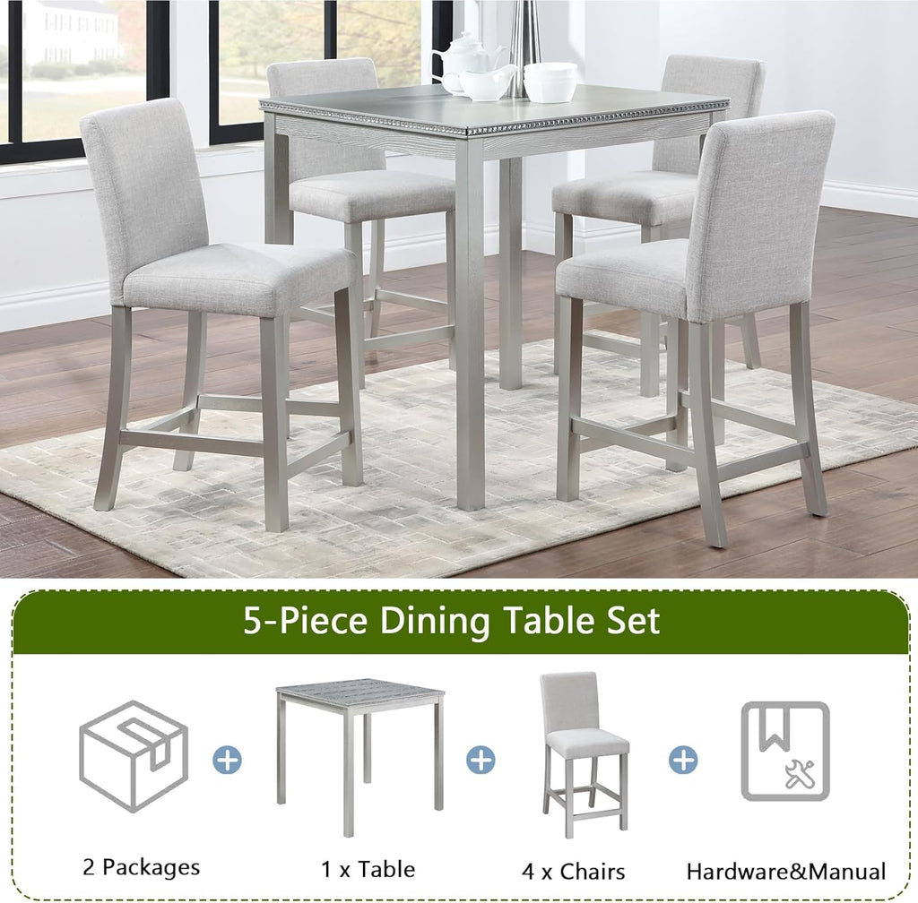 5-Piece Acacia Wood Counter Height Dining Table Set with 4 Upholstered-Seat Chairs J91026