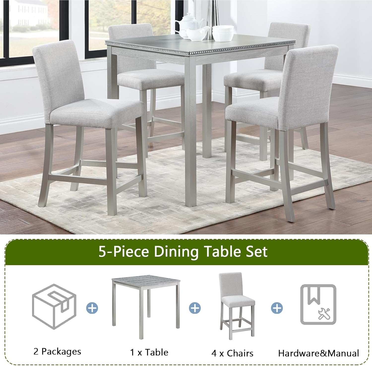 5-Piece Acacia Wood Counter Height Dining Table Set with 4 Upholstered-Seat Chairs J91026