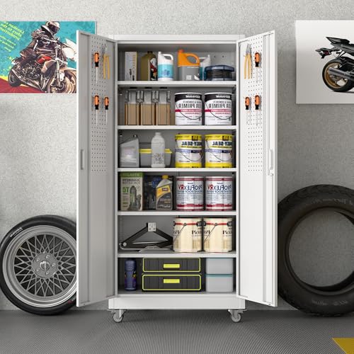 73" H Metal Storage Cabinet with Wheels and Locking Doors X5049