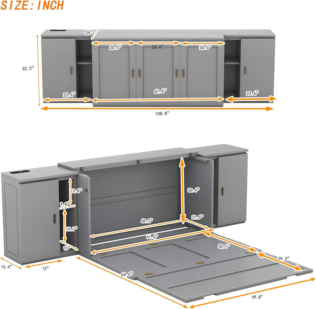 Queen Size Gray Murphy Wall Bed with Shelves and Cabinets D598