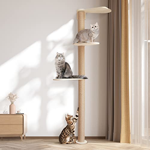 Wood Cat Tower Floor to Ceiling Adjustable with Natural Sisal Rope D574678