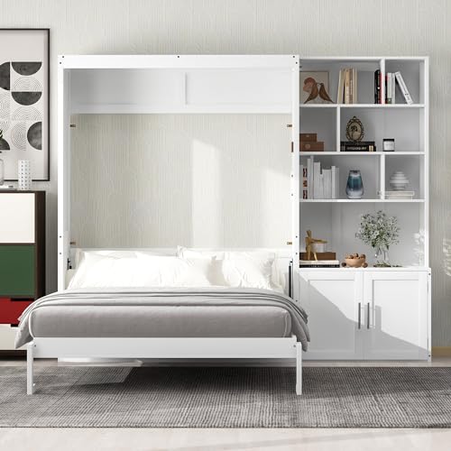 White Solid Wood Queen Size Murphy Bed with Desk C1980