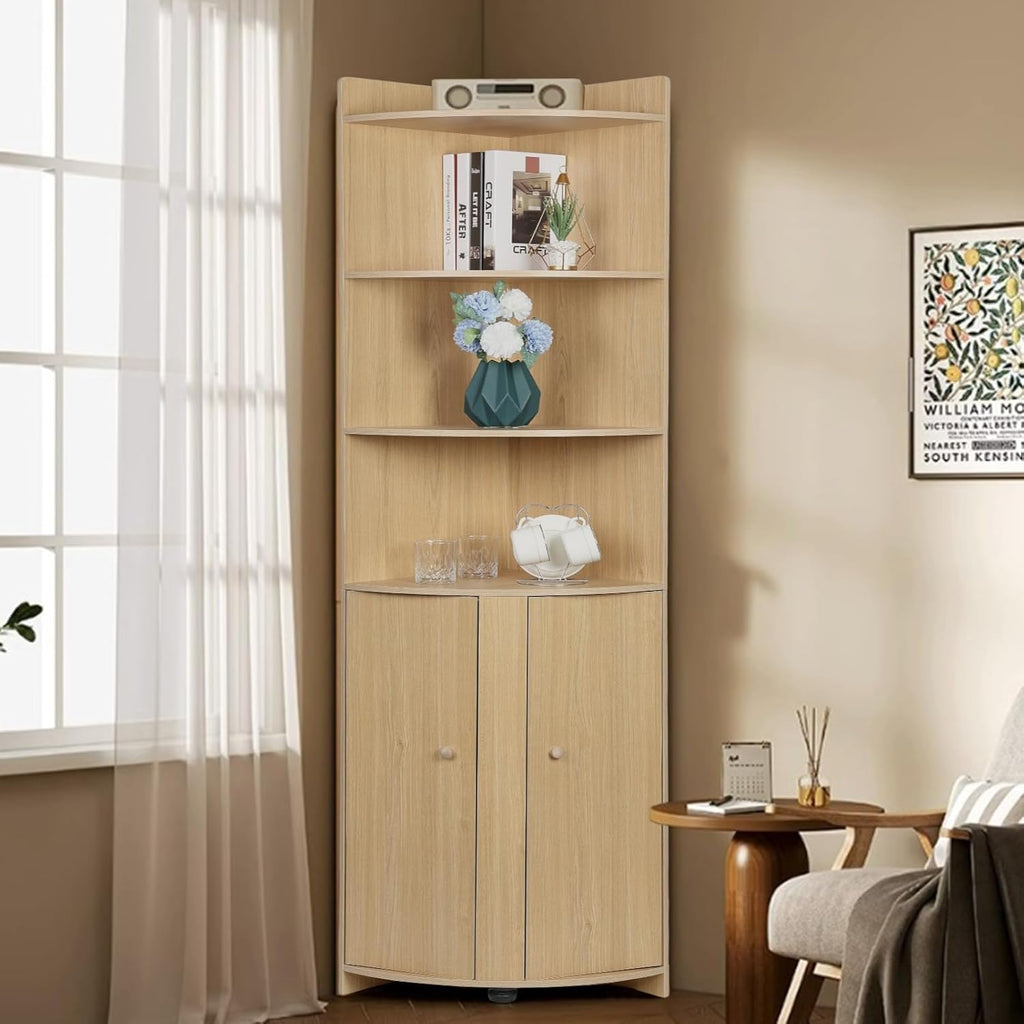 Tall Bathroom Corner Cabinet with Barn Door Design & Open Shelves M82186