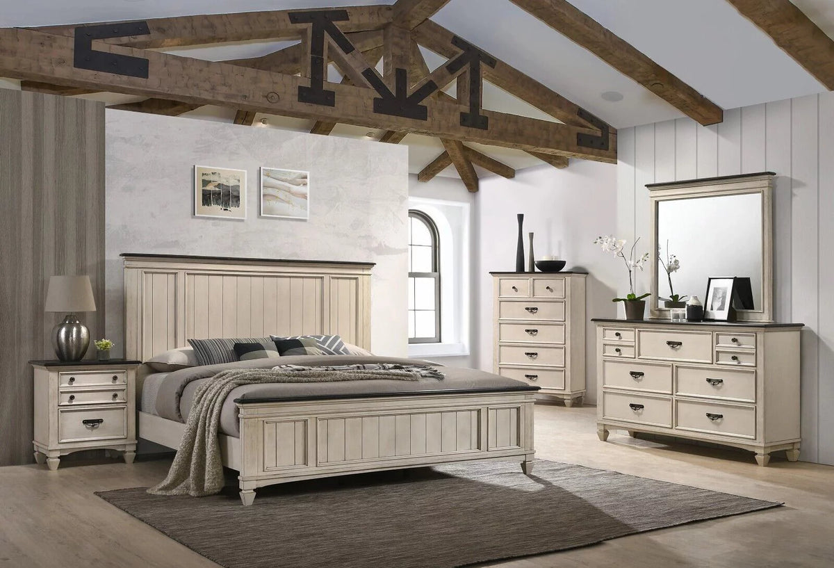 3pc Queen Size Panel Headboard Bed and 2x Nightstands Set Beige Wooden J726