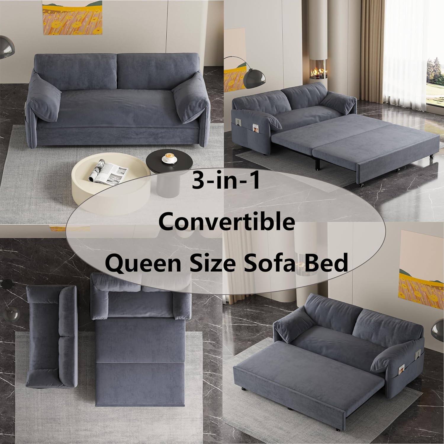 63.8" Queen Pull Out Velvet Sofa Bed with 2 Pillows Y3833