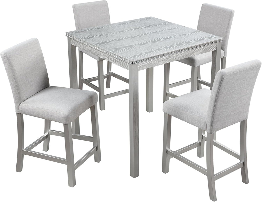 5-Piece Acacia Wood Counter Height Dining Table Set with 4 Upholstered-Seat Chairs J91026