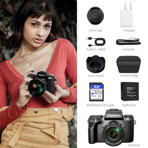 4K 64MP WiFi Touch Screen Digital Camera with Flash, 32GB SD Card, Lens Hood, 3000mAH Battery - Black C8337