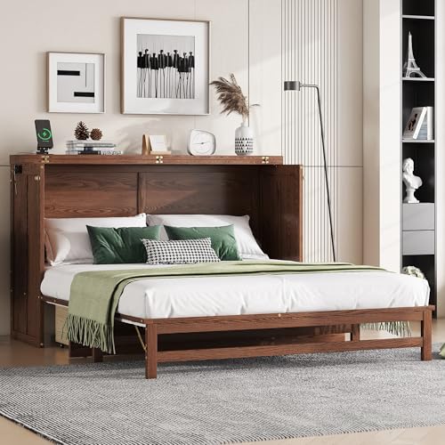 Queen Size Walnut Cabinet Murphy Bed with Drawer V4040