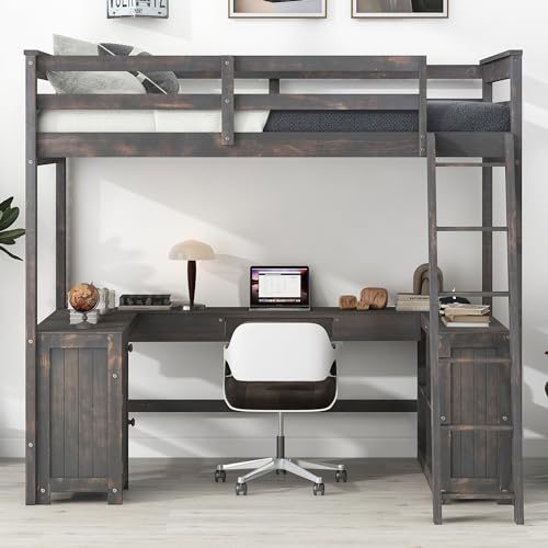 Full Size Solid Wood Loft Bed with Desk and Storage Drawers (White) H419763