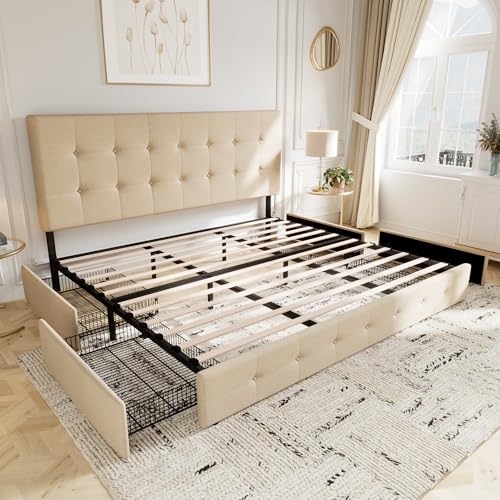 Light Grey Queen Size Platform Bed Frame with 4 Storage Drawers R722