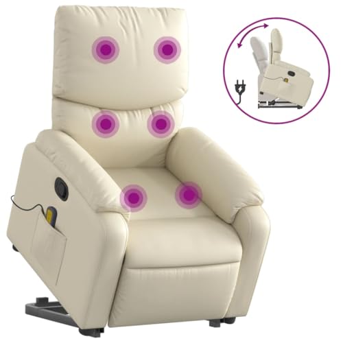 Cream Faux Leather Power Lift Massage Recliner Chair O6053