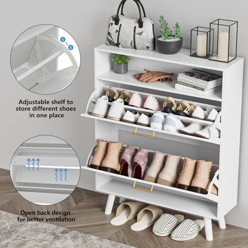 White Slim Shoe Cabinet with 2 Flip Drawers and Open Shelf E28522