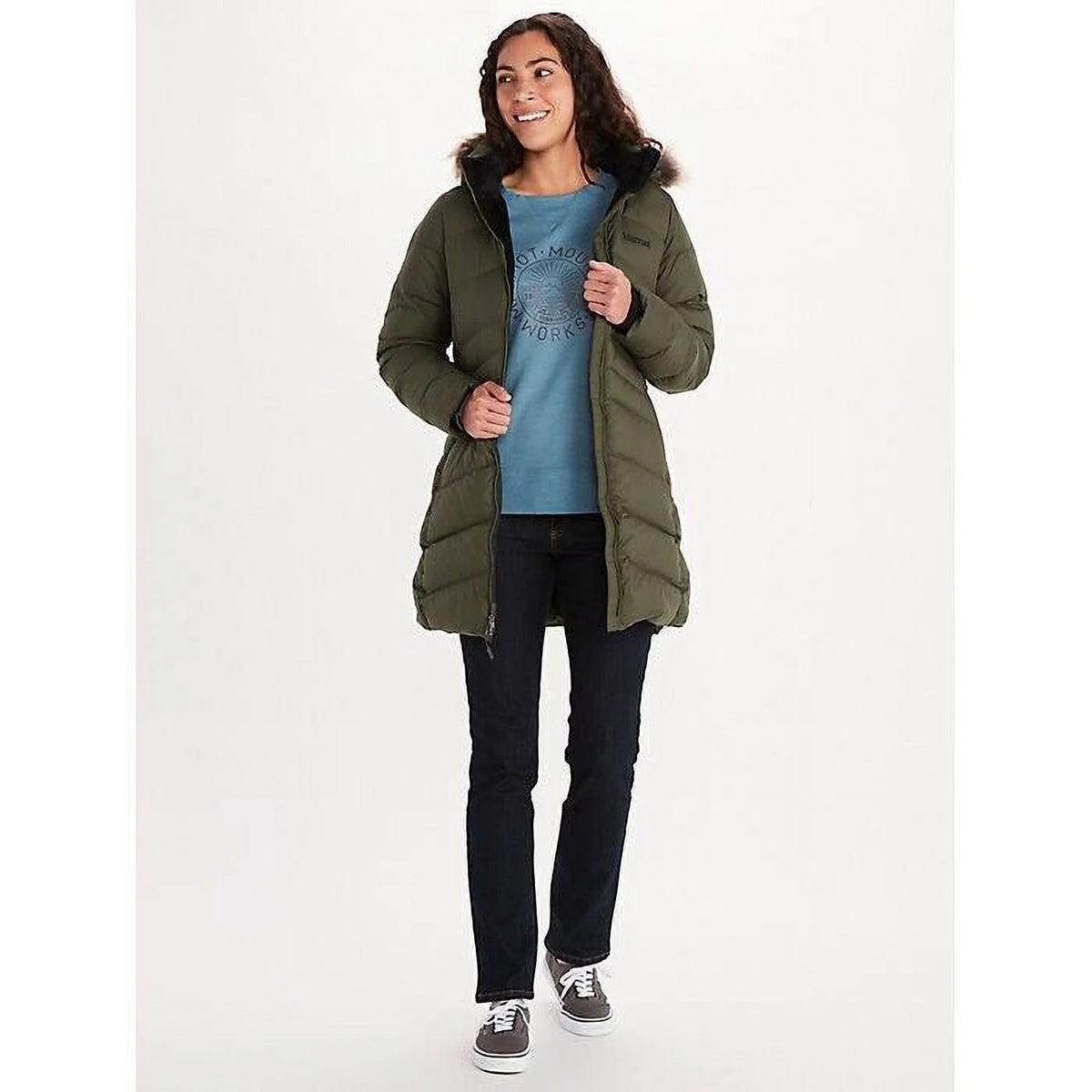 Olive Green Hooded Faux-Fur-Trim Coat Size XL D155242