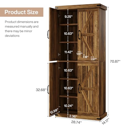 71" Tall Kitchen Pantry, Farmhouse Storage Cabinet with Barn Doors and Adjustable Shelves, Rustic Wooden Cupboard, Brown S3407