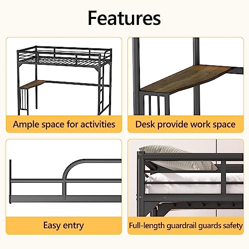 Black Metal Loft Bed Twin Size with Desk and Ladder S75955