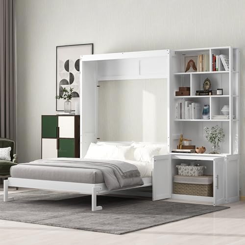 White Solid Wood Queen Size Murphy Bed with Desk C1980