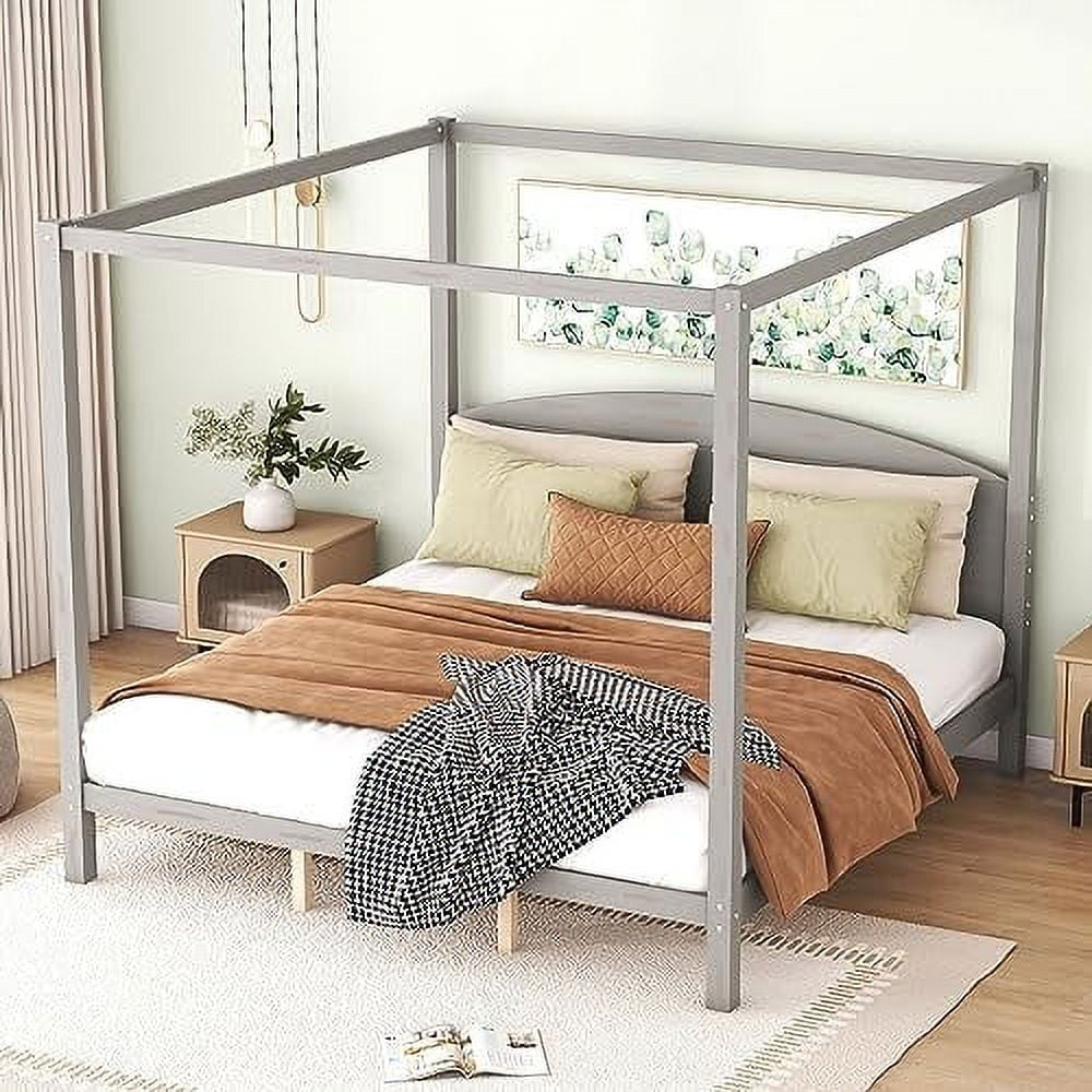 White Queen Size 4-Poster Wood Canopy Bed Frame with Headboard D949020