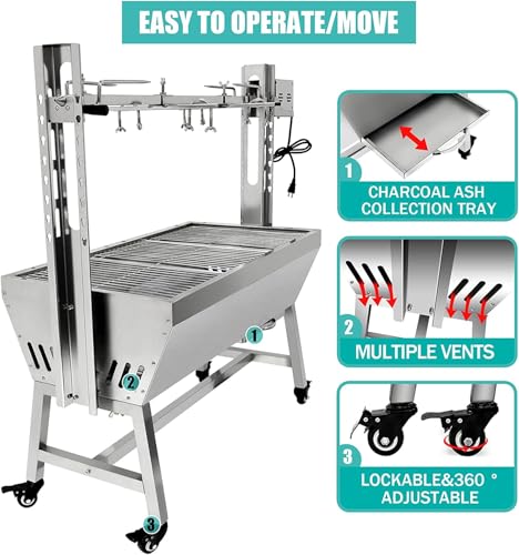 Stainless Steel Charcoal Spit Rotisserie Roaster Grill with Back Cover Guard and Baffle W769