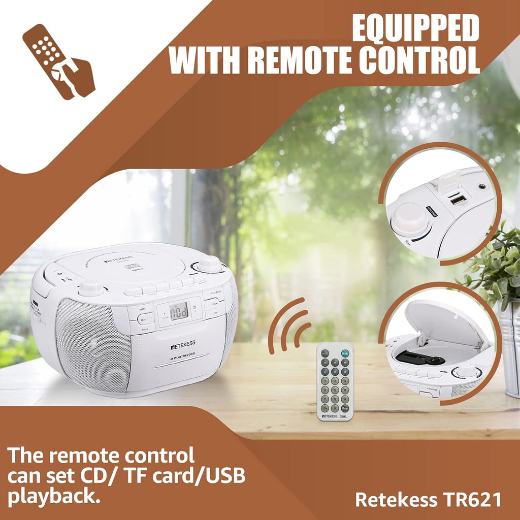 White Portable CD and Cassette Player Boombox with AM FM Radio H2971
