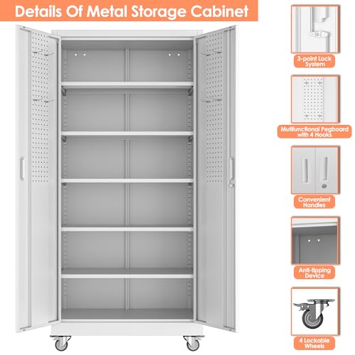 73" H Metal Storage Cabinet with Wheels and Locking Doors X5049