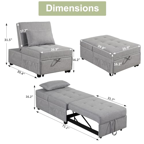 4 in 1 Convertible Linen Fabric Sleeper Chair Bed Ottoman with Adjustable Backrest & Pillow S54756
