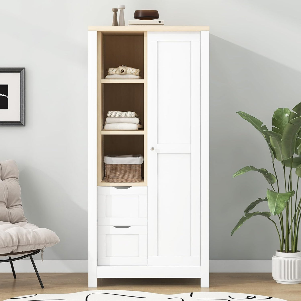 White Wooden Wardrobe Closet with 2 Drawers and Sliding Door Z672102