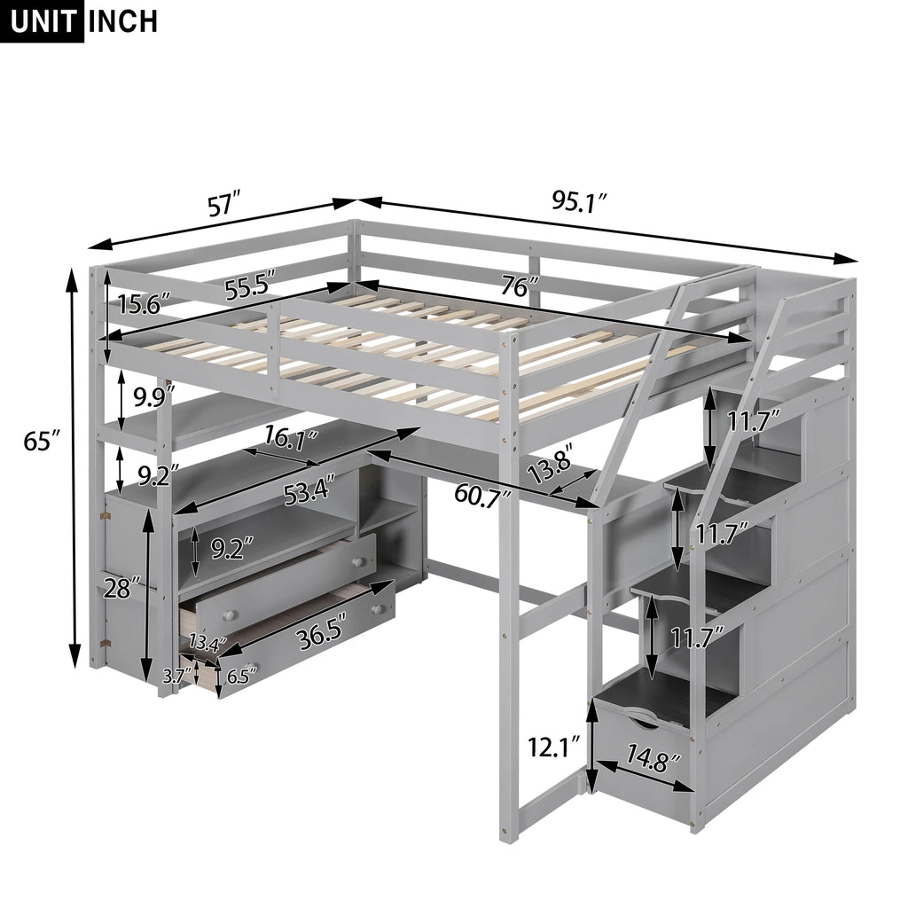 Full Wood Loft Bed with Desk, Storage Stairs, Two Drawers C833