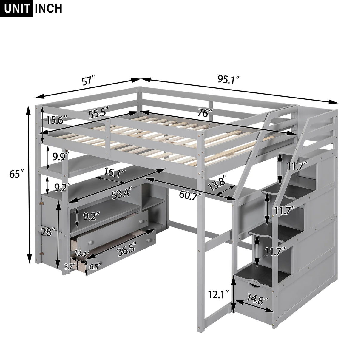 Full Wood Loft Bed with Desk, Storage Stairs, Two Drawers C833