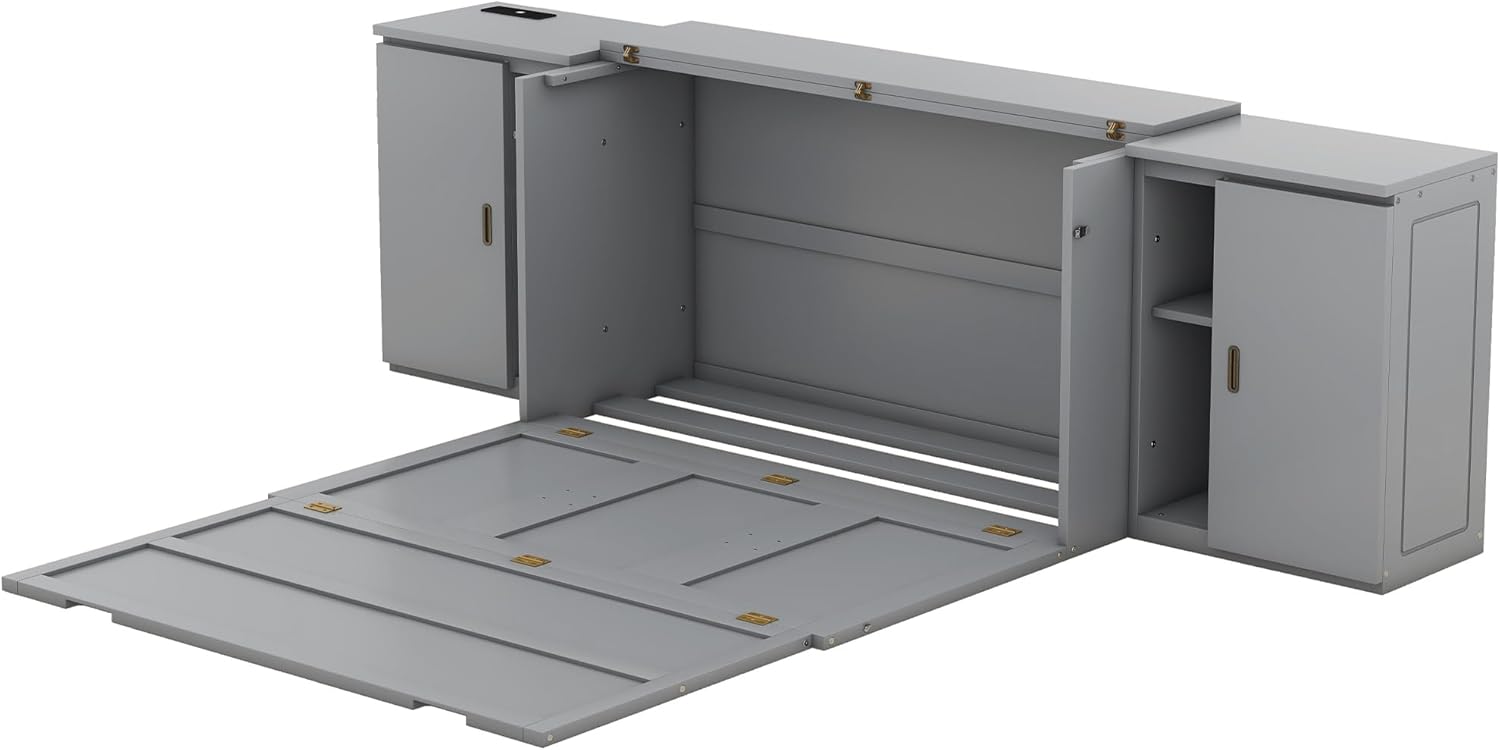 Queen Size Gray Murphy Wall Bed with Shelves and Cabinets D598