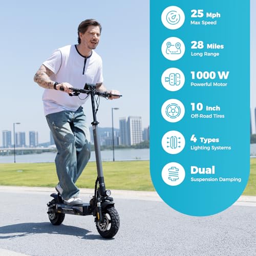 Electric Scooter with 1000W Motor, 28 MPH, 10" Pneumatic Tires, Foldable Handlebar N556