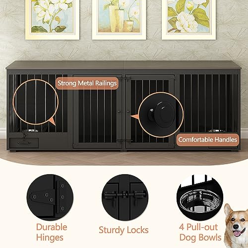Black Heavy Duty Wooden Dog Crate with Dog Bowl Drawers & Divider P593