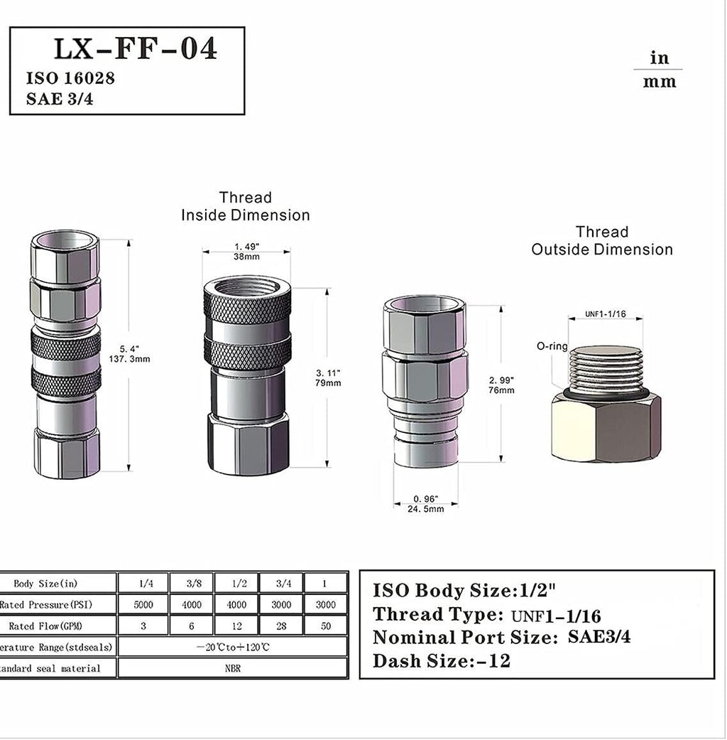 3/4'' SAE-12 UNF1-1/16 Flat Face Hydraulic Quick Connect Coupling, 1/2 Body, Pack of 2 D38425
