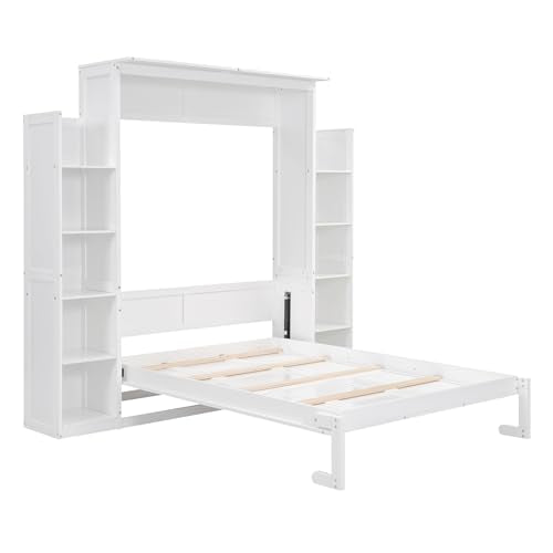 White Full Size Wood Murphy Bed with Shelves and Led Lights U697