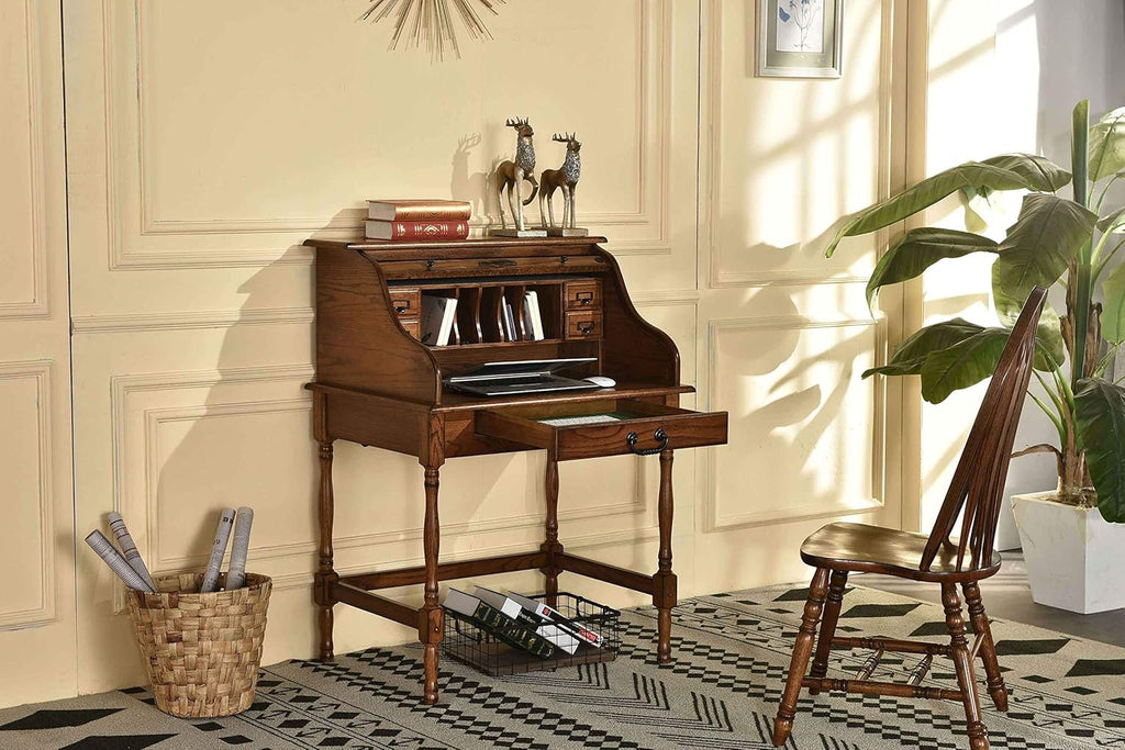 Mini Roll Top Desk Solid Oak Wood Burnished Walnut Finish J6167