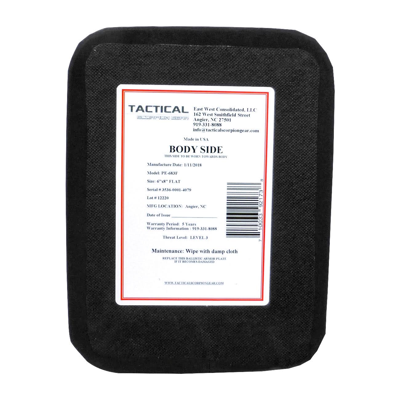 Level III+ PE Polyethylene Single Curve Body Armor 6x8 Plate X7227