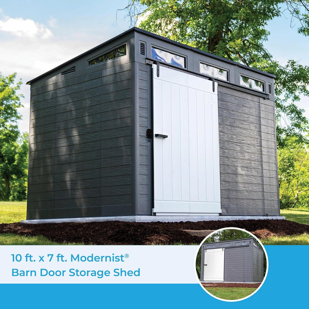 Gray and Black 10 Foot by 7 Foot Outdoor Plastic Storage Shed with Sliding Barn Door A552