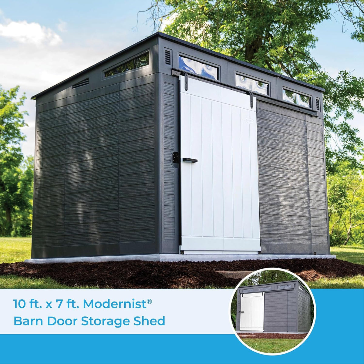 Gray and Black 10 Foot by 7 Foot Outdoor Plastic Storage Shed with Sliding Barn Door A552