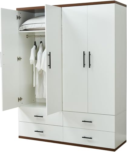 White 4 Door Wood Armoire Wardrobe with 2 Hanging Rods and 2 Drawers F92766